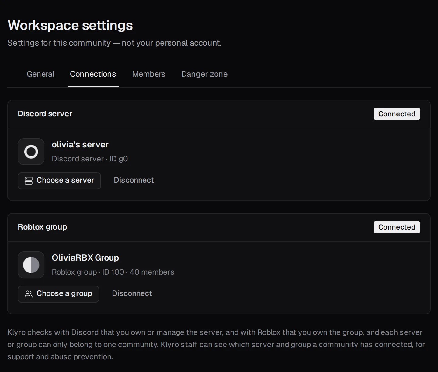 Community settings: a connected Discord server and Roblox group, with their logos.