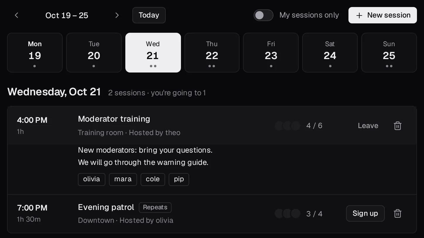 The schedule: a week strip and the day's sessions, with who has signed up and a Sign up button.